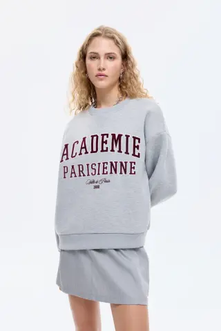 QUZU Yazı Baskılı Nakış İşlemeli Oversize Sweatshirt Grimelanj