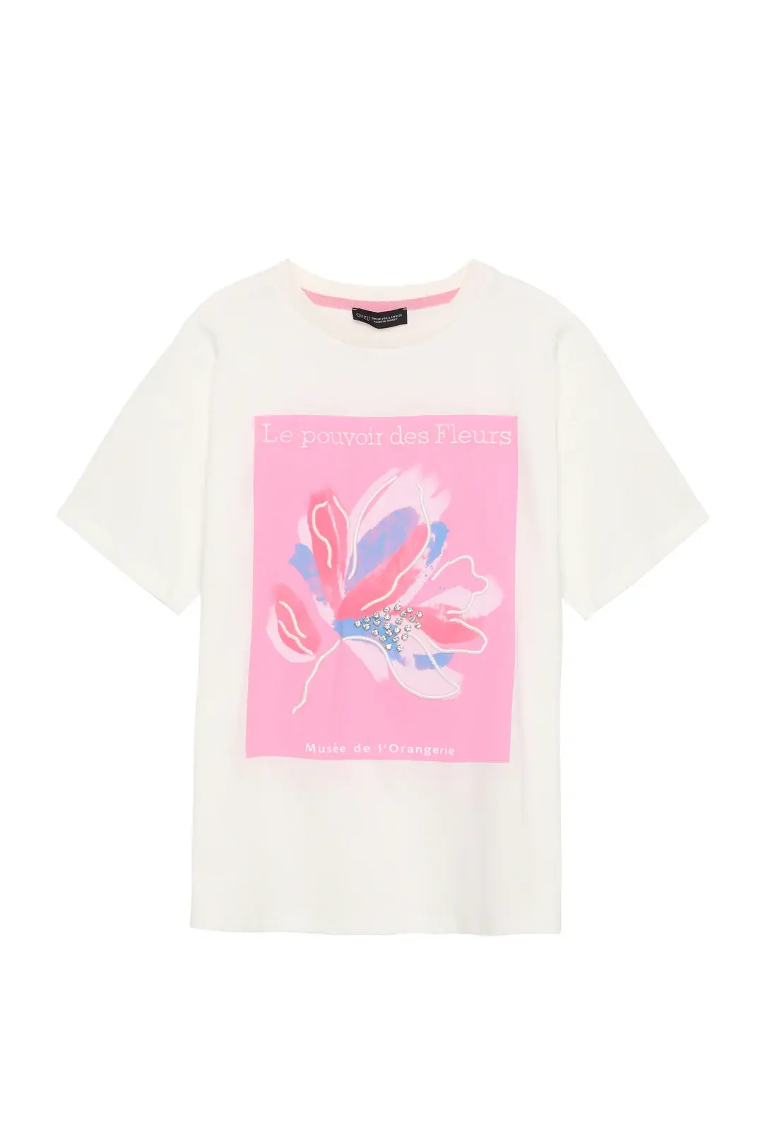 QUZU Taş Aksesuarlı Nakışlı Tişört Ekru