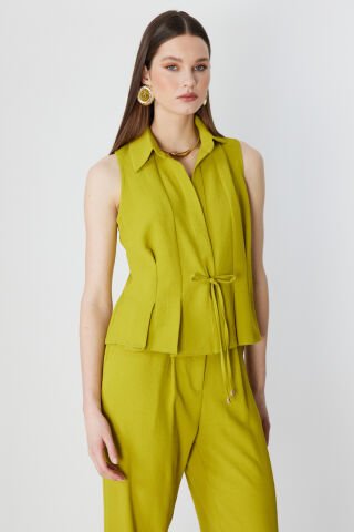 On Önü Bağlamalı Dikişli Kolsuz Bluz Olive