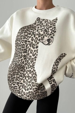 QUZU Leopar Figürlü Kolu Yazı Baskılı Sweatshirt Ekru