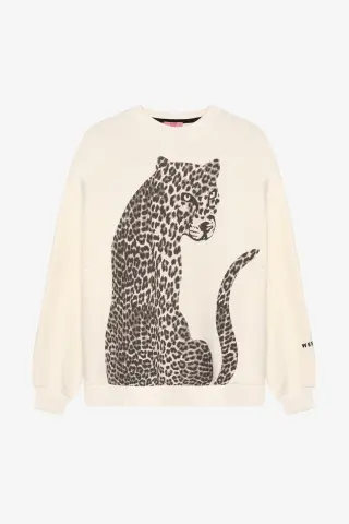 QUZU Leopar Figürlü Kolu Yazı Baskılı Sweatshirt Ekru