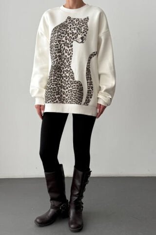 QUZU Leopar Figürlü Kolu Yazı Baskılı Sweatshirt Ekru