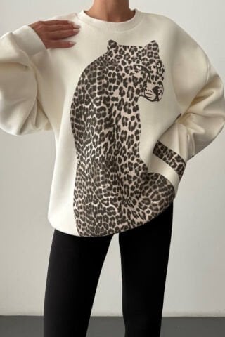 QUZU Leopar Figürlü Kolu Yazı Baskılı Sweatshirt Ekru
