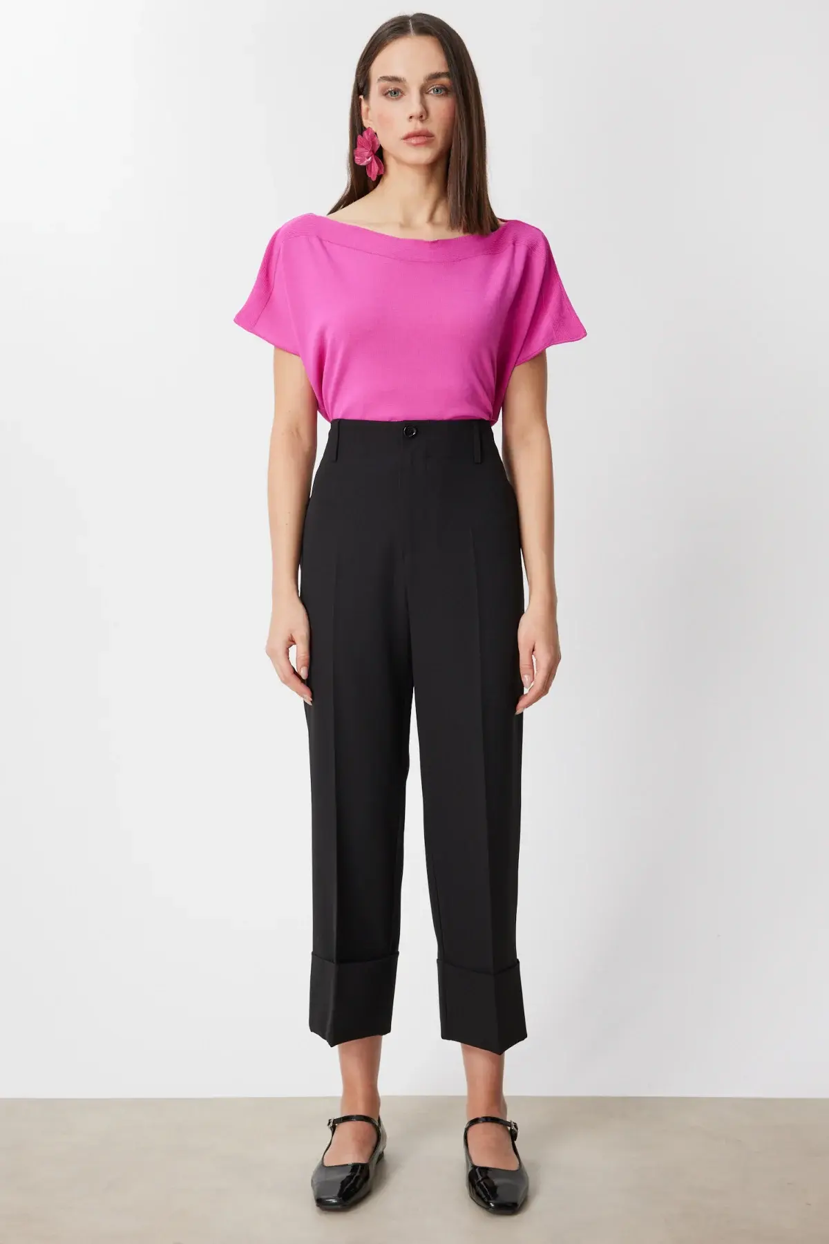 On Duble Paça Yüksek Bel Pantolon Siyah