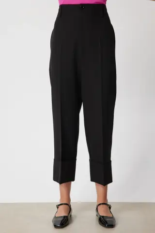 On Duble Paça Yüksek Bel Pantolon Siyah
