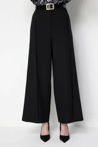 On Beli Kemerli Geniş Paça Palazzo Pantolon Siyah