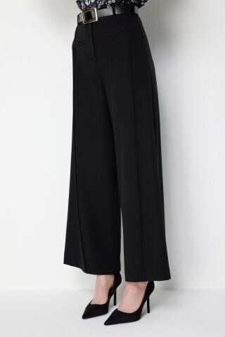 On Beli Kemerli Geniş Paça Palazzo Pantolon Siyah