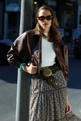 QUZU Beli Lastikli Deri Ceket Kahverengi