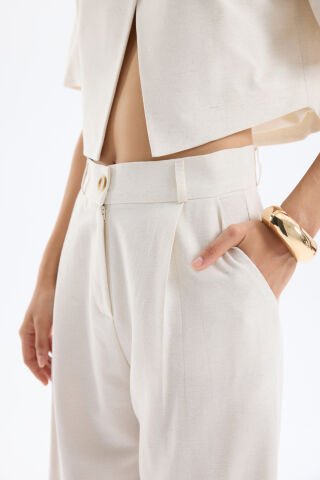 QUZU Pile Detaylı Cepli Düz Keten Pantolon Naturel