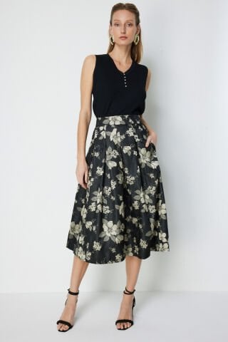 Ekol Çiçek Nakışlı Pileli Midi Etek Vizon