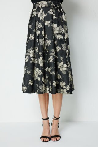 Ekol Çiçek Nakışlı Pileli Midi Etek Vizon