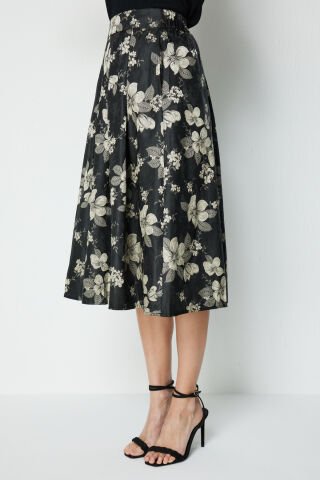 Ekol Çiçek Nakışlı Pileli Midi Etek Vizon