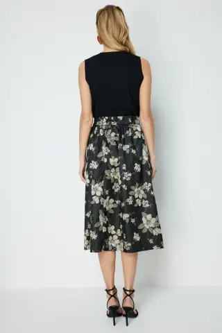 Ekol Çiçek Nakışlı Pileli Midi Etek Vizon
