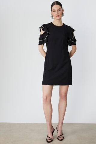 Ekol Omuzları Taşlı Kısa Kollu Mini Elbise Siyah