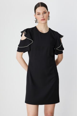 Ekol Omuzları Taşlı Kısa Kollu Mini Elbise Siyah