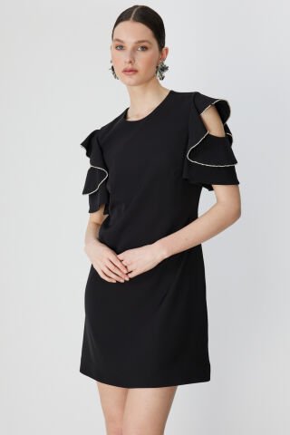 Ekol Omuzları Taşlı Kısa Kollu Mini Elbise Siyah