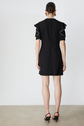 Ekol Omuzları Taşlı Kısa Kollu Mini Elbise Siyah