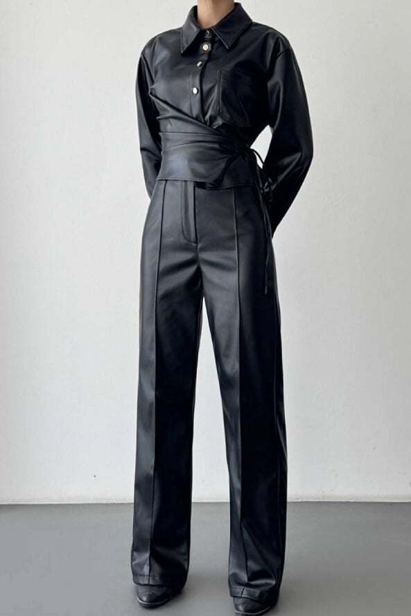 QUZU  Deri Geniş Paça Pantolon Siyah