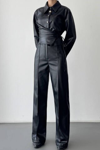 QUZU  Deri Geniş Paça Pantolon Siyah