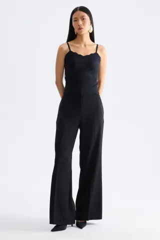 On İnce Askılı Dantelli Crop Bluz SİYAH - STD