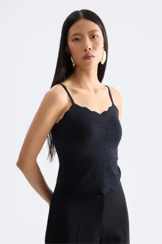 On İnce Askılı Dantelli Crop Bluz SİYAH - STD