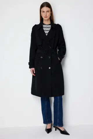 Ekol Beli Kuşaklı Omzu Apoletli Trençkot Siyah