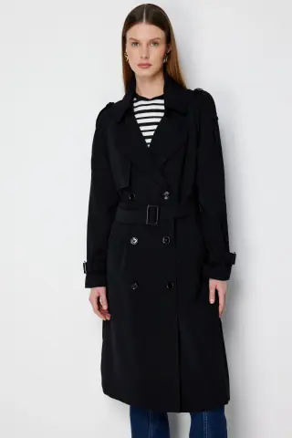 Ekol Beli Kuşaklı Omzu Apoletli Trençkot Siyah