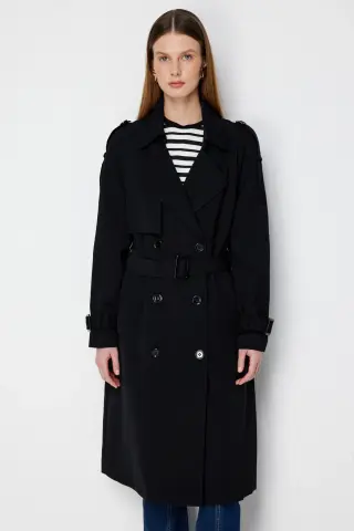 Ekol Beli Kuşaklı Omzu Apoletli Trençkot Siyah