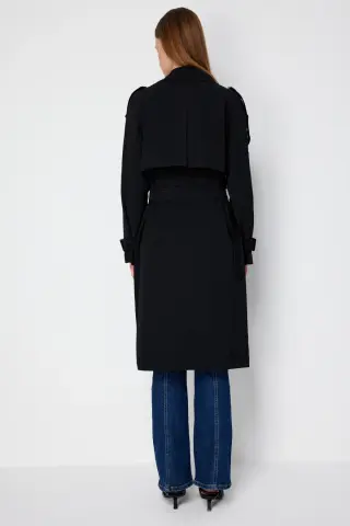 Ekol Beli Kuşaklı Omzu Apoletli Trençkot Siyah