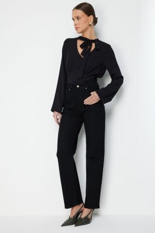 Ekol Taş İşlemeli Bol Paça Kot Pantolon Siyah