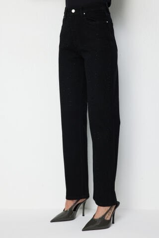 Ekol Taş İşlemeli Bol Paça Kot Pantolon Siyah