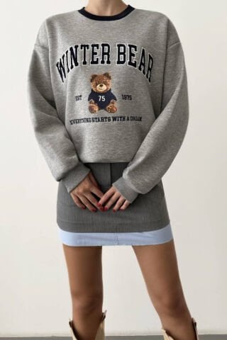 QUZU Winter Bear Ayıcık Baskılı Yazılı Sweatshirt