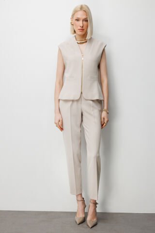 Ekol V Yaka Dikiş Detaylı Yelek Kum