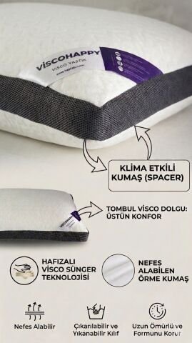 VİSCOHAPPY Auraluxe Visco Ortopedik Yastık %100 Dökme Kalıp Hafızalı Sünger 40x60x15 cm Klima Etkili Nefes Alabilen Kumaş.