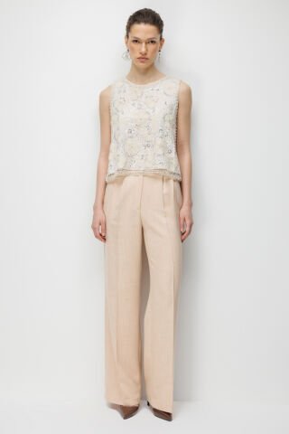 Ekol Pullu Taş İşlemeli Bluz Ekru