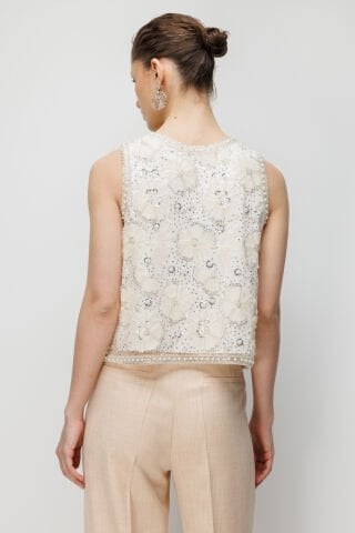 Ekol Pullu Taş İşlemeli Bluz Ekru