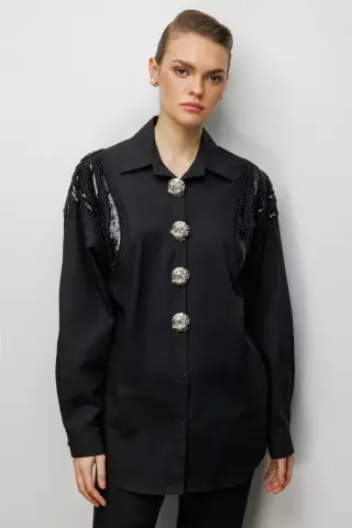 Ekol Boncuk İşlemeli Süs Metal Düğmeli Gömlek Siyah