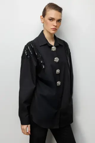 Ekol Boncuk İşlemeli Süs Metal Düğmeli Gömlek Siyah