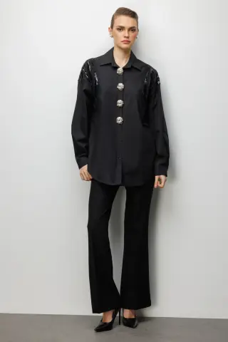 Ekol Boncuk İşlemeli Süs Metal Düğmeli Gömlek Siyah