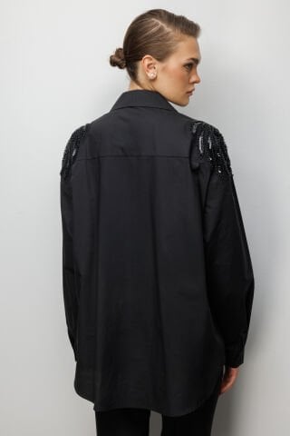 Ekol Boncuk İşlemeli Süs Metal Düğmeli Gömlek Siyah