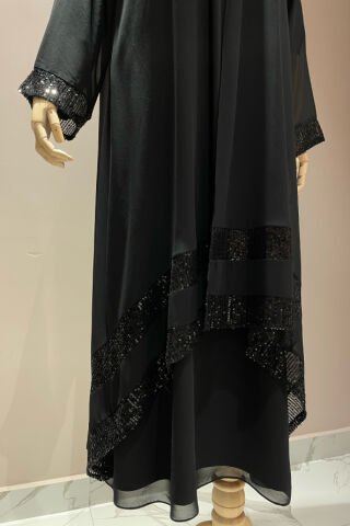 Payet Detaylı Tül Ceket Uzun Elbise Siyah