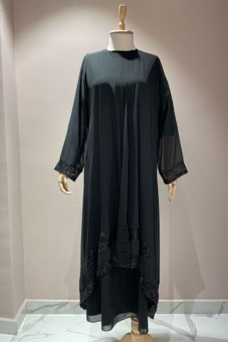 Payet Detaylı Tül Ceket Uzun Elbise Siyah