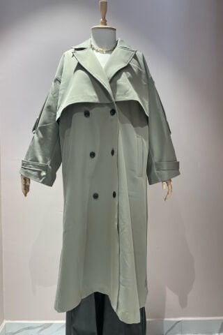 Oversize Kesim Düğme Detaylı Trençkot Haki