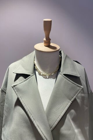 Oversize Kesim Düğme Detaylı Trençkot Haki