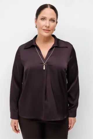 Ekol İnci Kolyeli Polo Yaka Bluz MÜRDÜM - 44