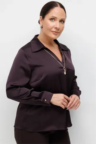 Ekol İnci Kolyeli Polo Yaka Bluz MÜRDÜM - 48