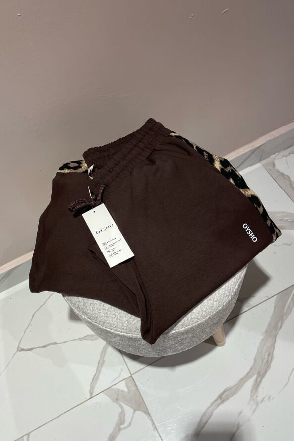 Oysho Düz Kesim Leopar Desen Eşofman Altı Kahverengi