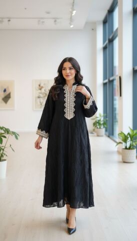 Gold Nakışlı Astarlı Abaya SİYAH - M