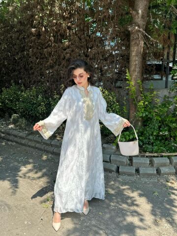 Gold Nakışlı Astarlı Abaya BEYAZ - S