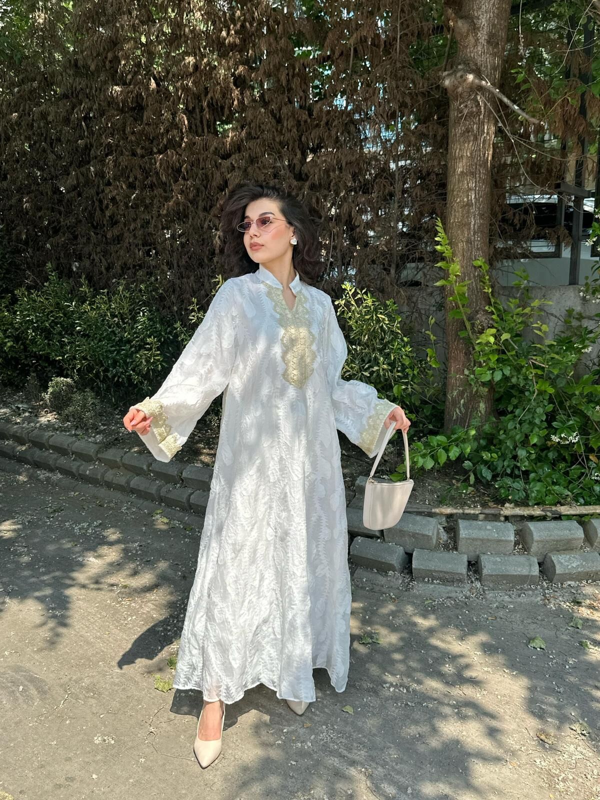 Gold Nakışlı Astarlı Abaya BEYAZ - M